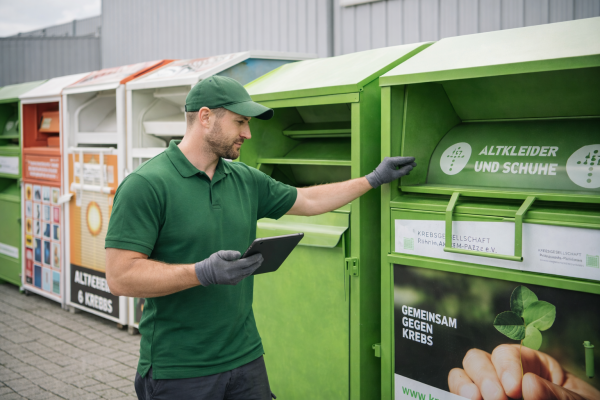 Mitarbeiter kontrolliert Altkleidercontainer bei der Sammlung