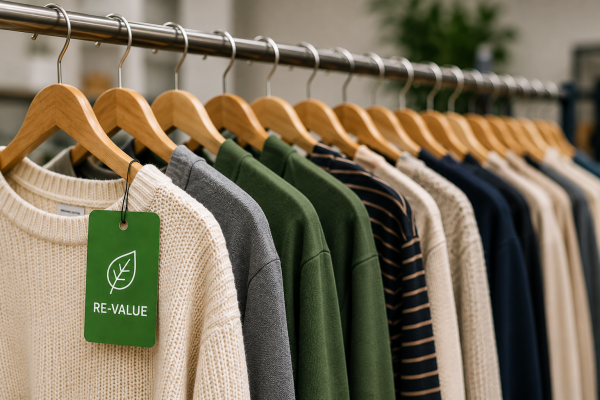 Nachhaltige Kleidung mit Re-Value Kennzeichnung auf Kleiderstange