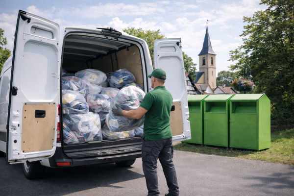 Mitarbeiter lädt Alttextilien aus Transporter bei Kleidercontainern ein