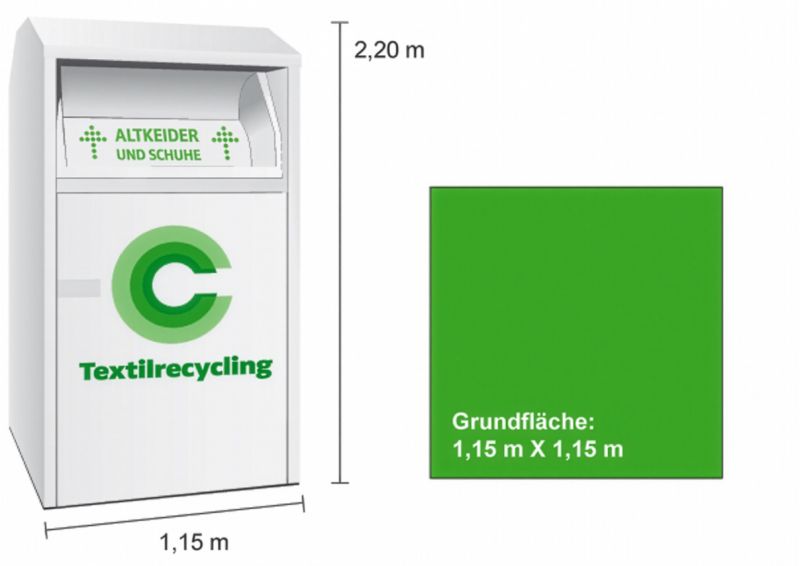 Altkleidercontainer mit Maßangaben und Grundfläche für Textilsammlung