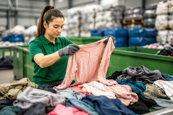 Mitarbeiterin bei der professionellen Sortierung von Alttextilien