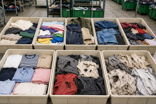 ALT-Text: Sortierte Kleidung nach Qualitäts- und Recyclingstufen